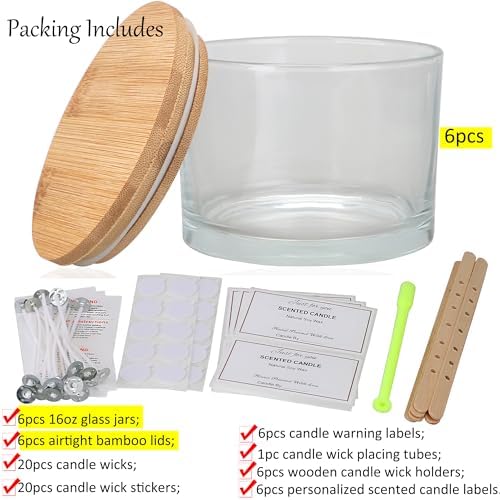 MILIVIXAY 6 Pack 16 oz Candle Jars with Bamboo Lids and Making Kit