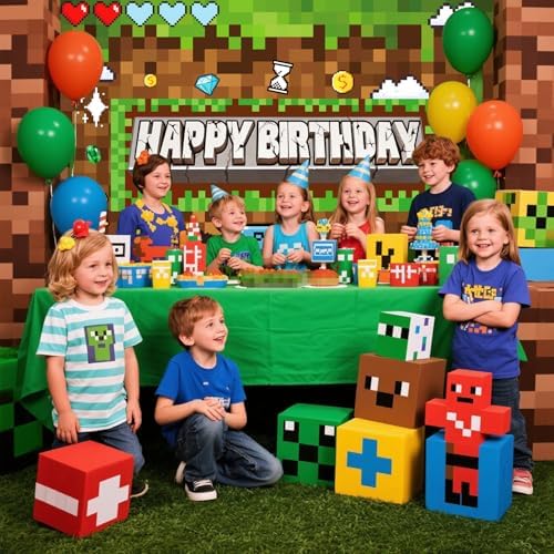 Pixel Miner Birthday Party Backdrop Banner 5x3ft