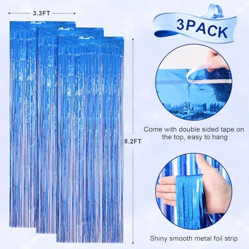 3 Pack Laser Blue Foil Fringe Backdrop Curtains for Parties