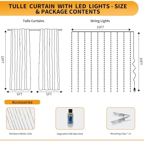 White Tulle Backdrop with LED String Lights - 10x10ft Wedding Party Background