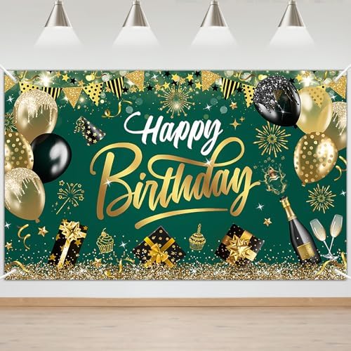 Happy Birthday Backdrop Green Gold Party Decoration Photo Booth Prop