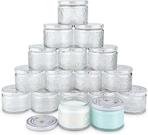 18-Pack 4oz Embossed Glass Candle Jars with Lids and Labels