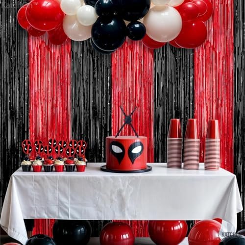 KatchOn Red and Black Fringe Curtain - 64x8 Ft Pack of 2