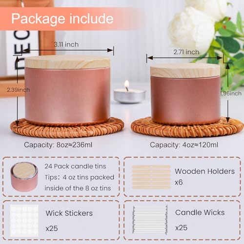 CONNOO 24 Pack Rose Gold Candle Tins with Lids for Candle Making