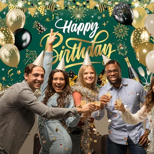 Happy Birthday Backdrop Green Gold Party Decoration Photo Booth Prop