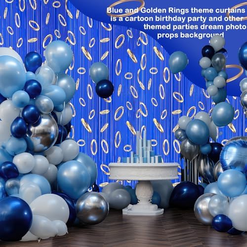 3 Pcs Blue with Gold Ring Print Party Backdrop Curtains