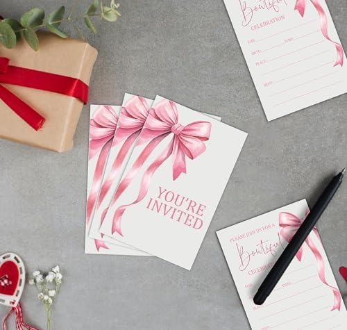 Pink Bow Birthday Invitations for Girls 30 Double Sided Cards with Envelopes