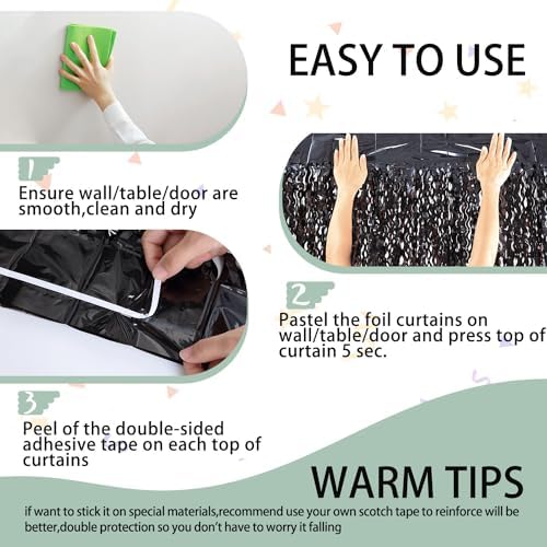 3 Pack Wavy Black Tinsel Curtains for Party Decor