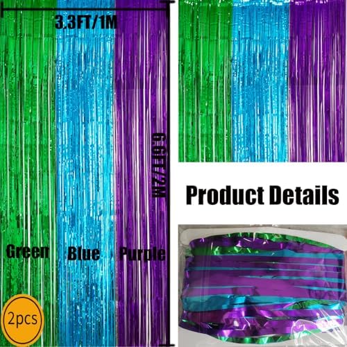 2 Pack 33ft x 66ft Green Blue Purple Tinsel Foil Backdrop