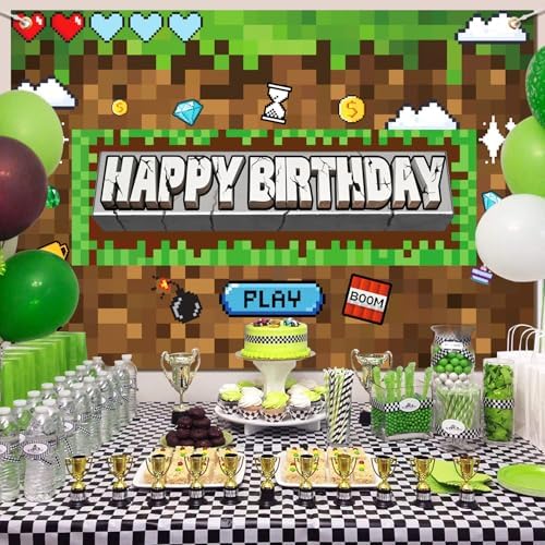 Pixel Miner Birthday Party Backdrop Banner 5x3ft