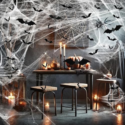 Famoby 1200 sqft Halloween Spider Webs and 120pcs Fake Bats
