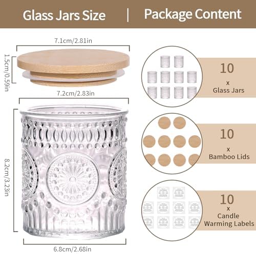 DARJEN 10 Pack Clear Candle Jars with Bamboo Lids and Labels
