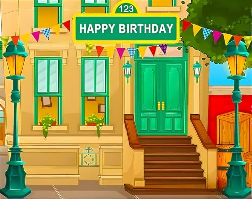 Happy Birthday Cartoon Street Photo Background Vinyl 5x3 Feet
