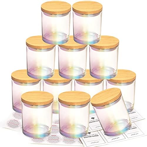 CONNOO 12 Pack 10 Oz Iridescent Glass Candle Jars with Airtight Bamboo Lids