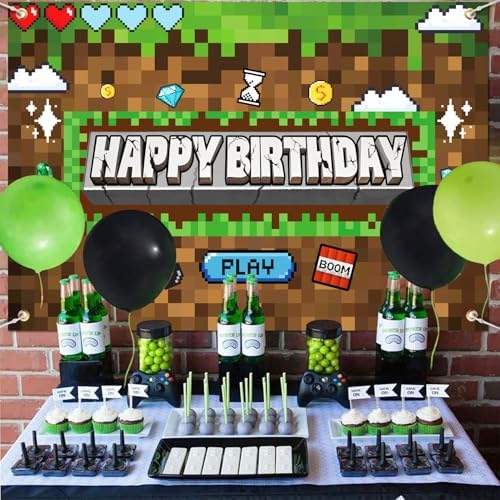 Pixel Miner Birthday Party Backdrop Banner 5x3ft