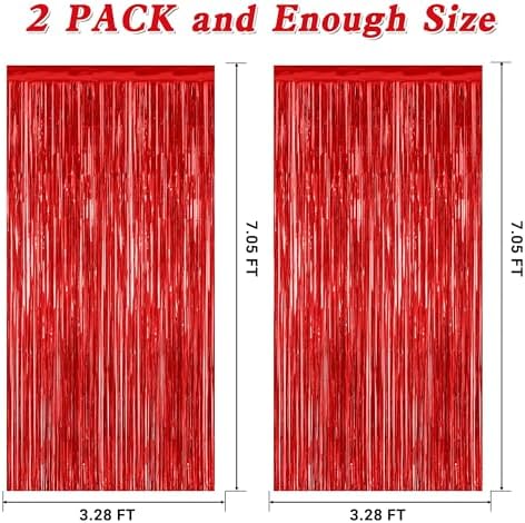 2 Pack Red Tinsel Backdrop Curtains for Wedding and Parties