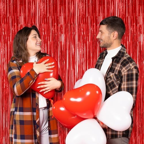 2 Pack Red Tinsel Backdrop Curtains for Wedding and Parties