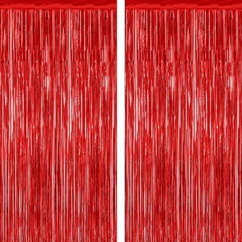 2 Pack Red Tinsel Backdrop Curtains for Wedding and Parties
