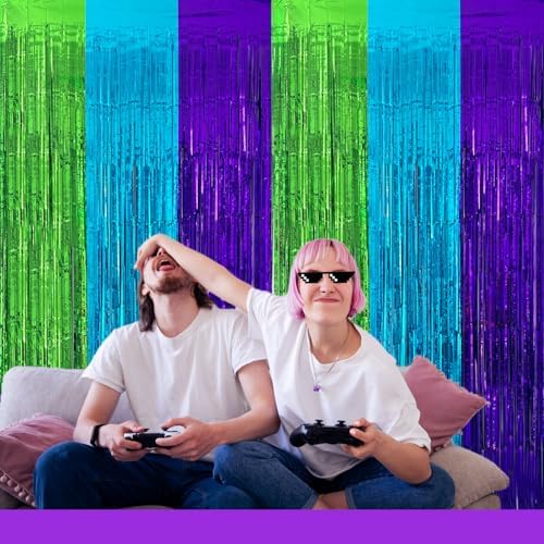 2 Pack Video Game Foil Fringe Curtains Backdrop for Birthday Parties