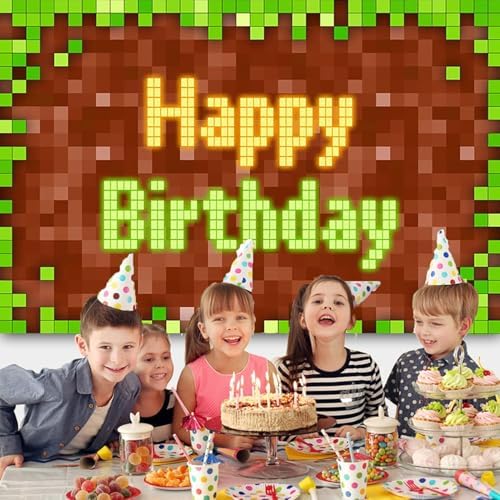 Pixel Birthday Backdrop Green Themed Game Party Decoration 5x3 Ft