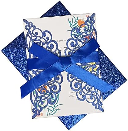 50Pcs Laser Cut Blue Wedding Invitations with Glitter Envelopes Ribbons