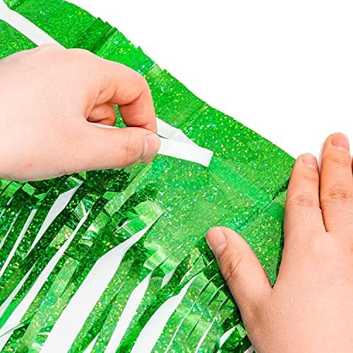 BRAVESHINE Green Metallic Tinsel Curtains - 2 Pack 32x82ft Photo Backdrop for Parties