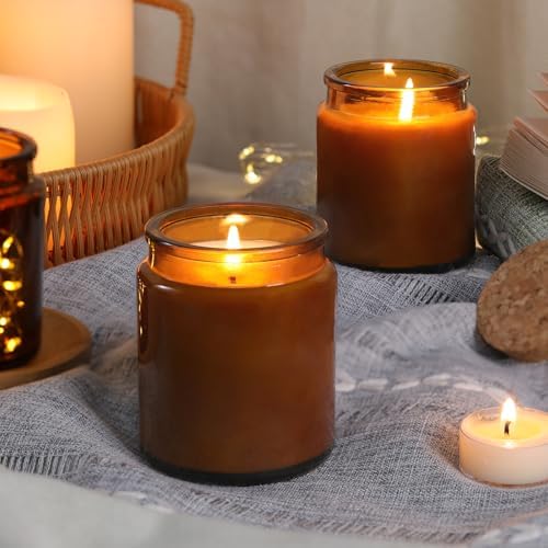 Lanttu 12Pcs Amber Candle Jars with Wooden Lids and Labels