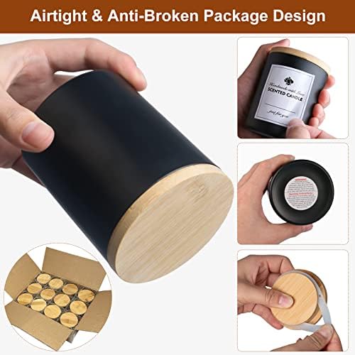 CONNOO 12 Pack Matte Black Candle Jars with Bamboo Lids and Warning Labels