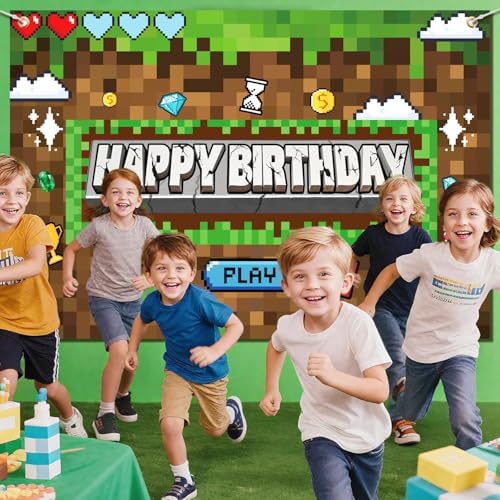 Pixel Miner Birthday Party Backdrop Banner 5x3ft