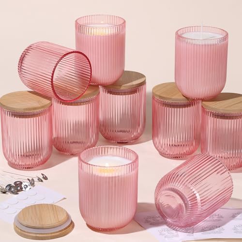 12PCS Pink Ribbed Candle Jars with Bamboo Lids and Wick Kit