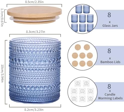 DARJEN 8 Pack Blue Candle Jars with Bamboo Lids and Labels