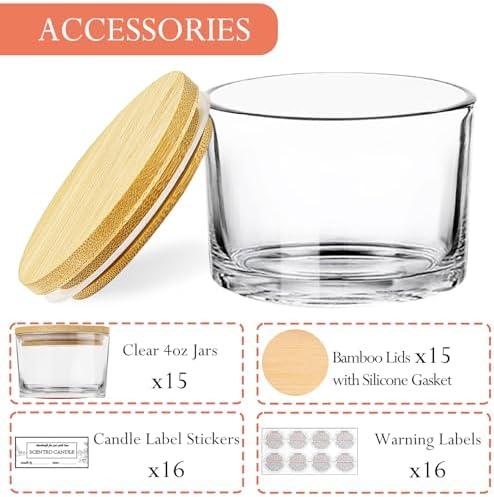 CONNOO 15 Pack 4 Oz Clear Glass Candle Jars with Airtight Bamboo Lids