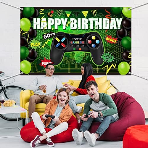 Blulu Gamer Themed Birthday Backdrop Banner Green