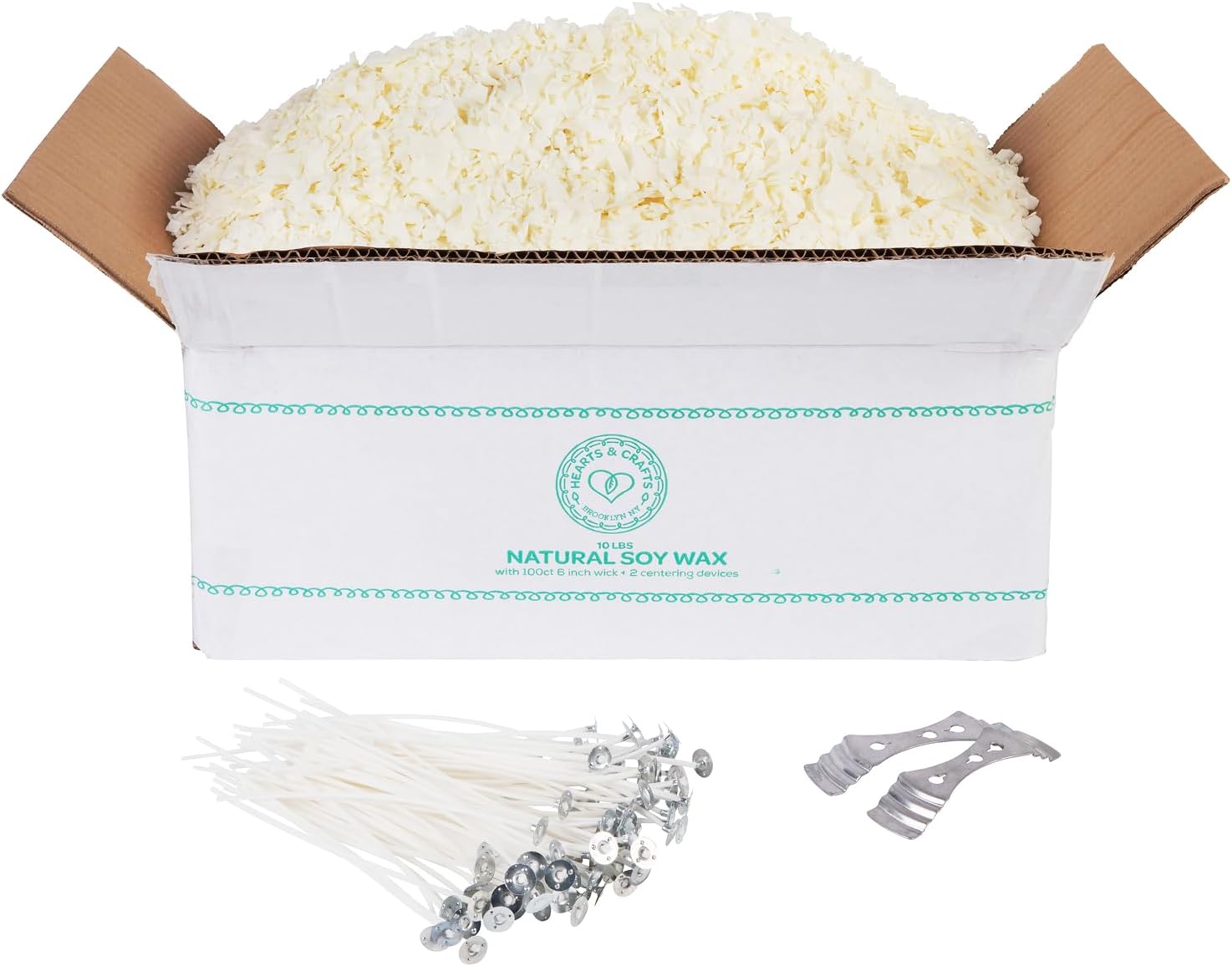 Hearts Crafts Soy Candle Wax Kit - 10 lb Flakes 100 Wicks 2 Holders