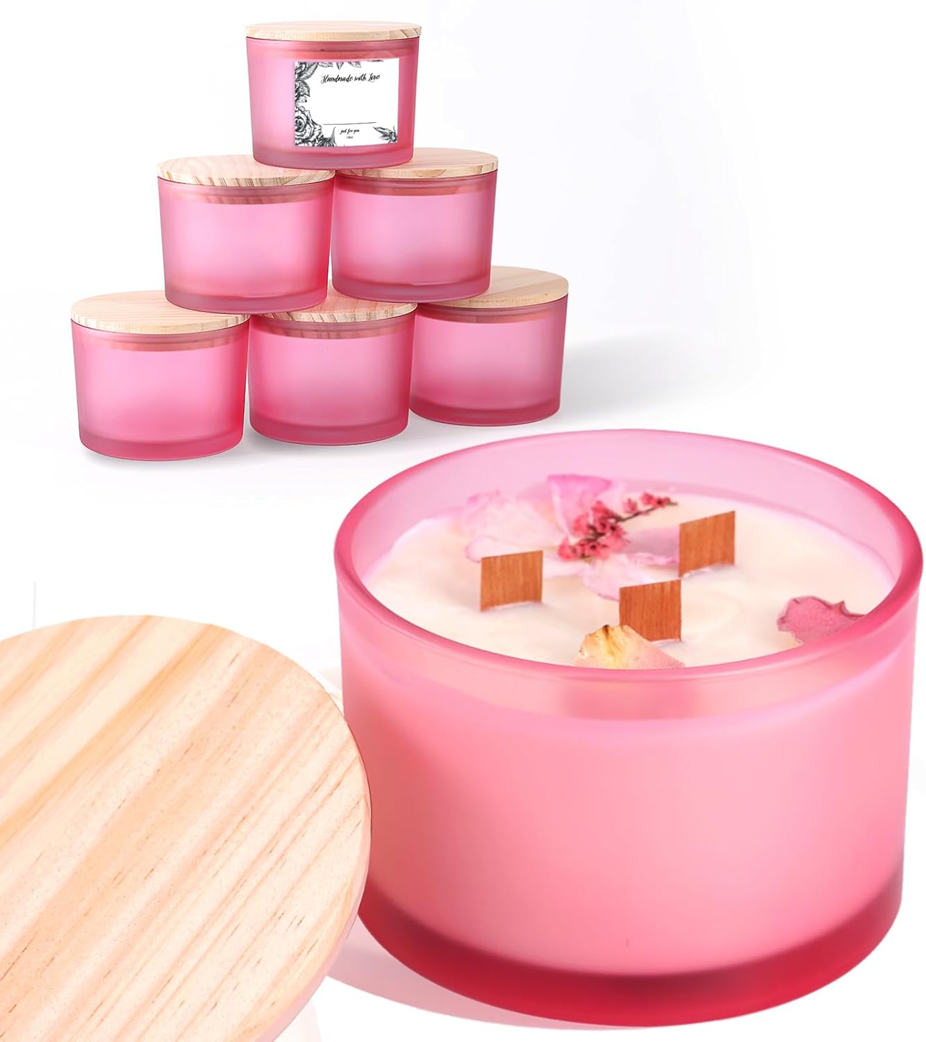 6 Pack Frosted Pink Glass Candle Jars with Lids - 16oz