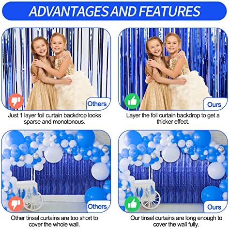 Crosize 3 Pack Foil Fringe Backdrop Curtains 33x99ft Blue