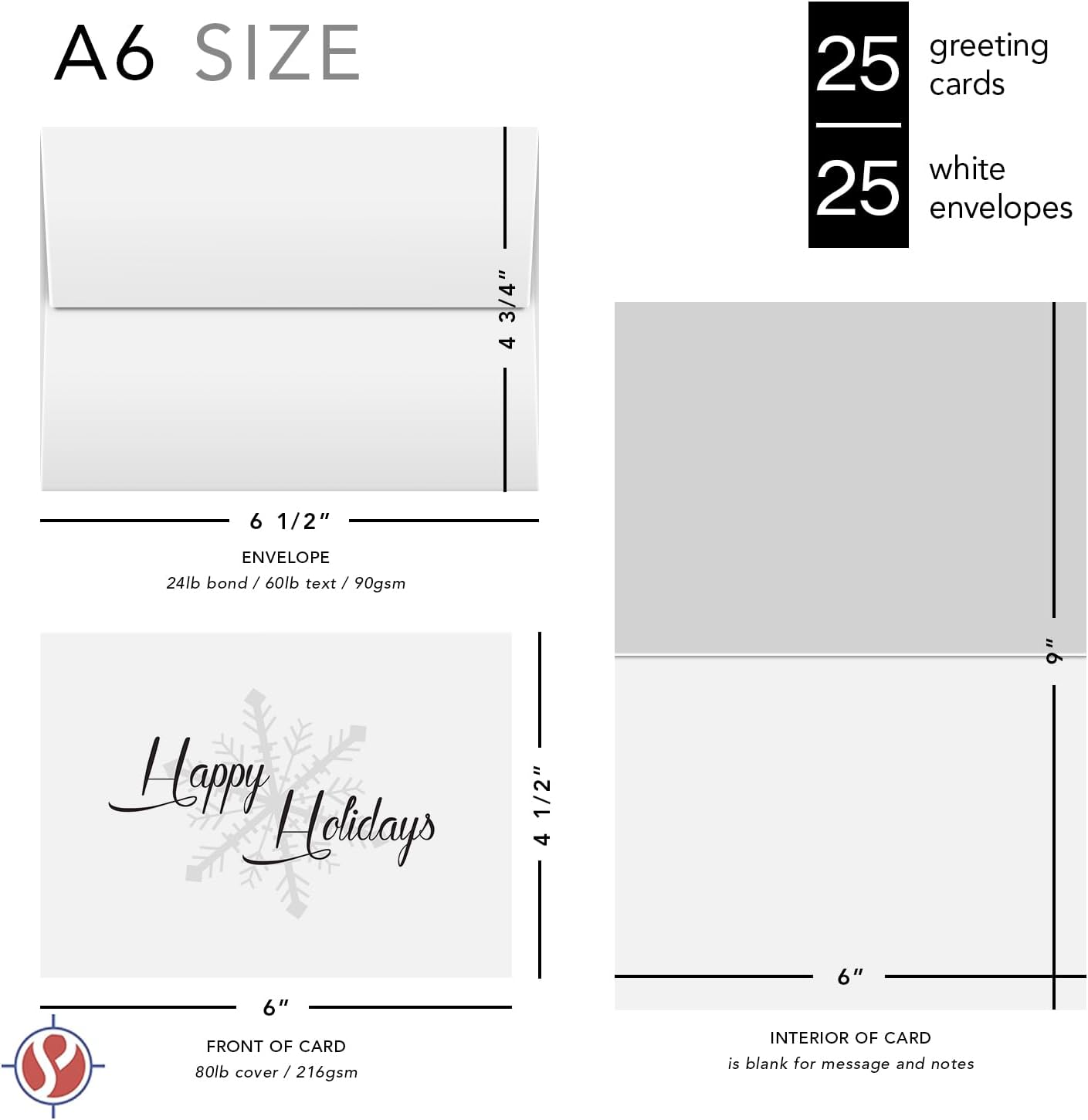 Happy Holidays Elegant White Fold Over Cards with Envelopes 25 per Pack