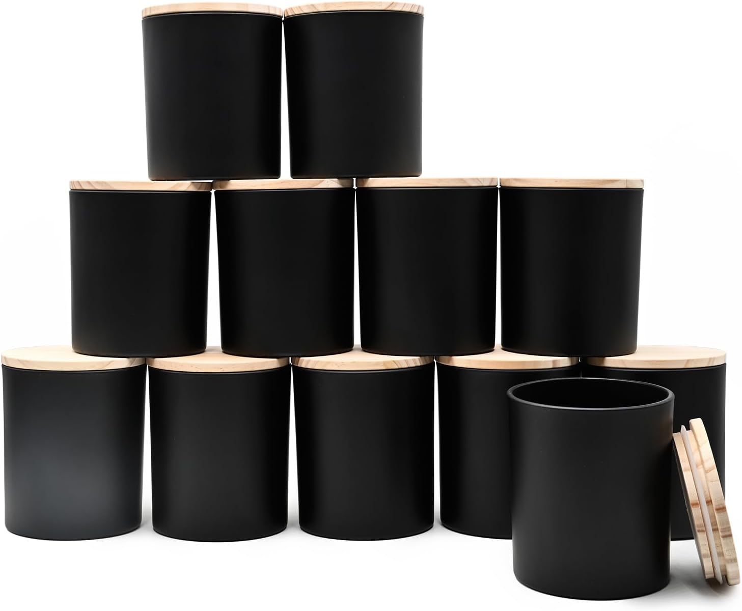 14 Oz Thick Matte Black Candle Jars 12 Pcs with Wood Lids