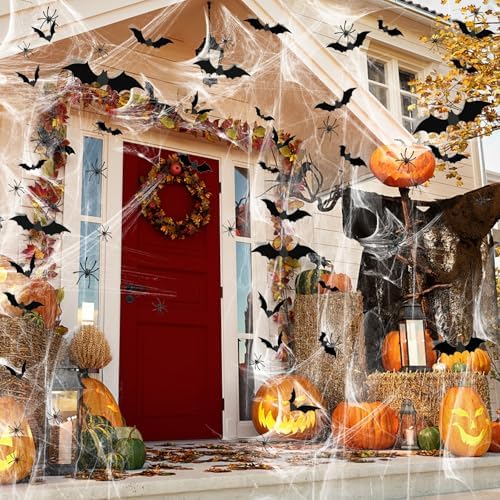 Famoby 1200 sqft Halloween Spider Webs and 120pcs Fake Bats