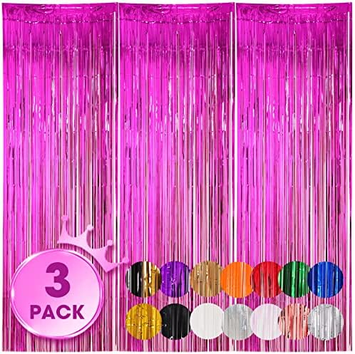 3 Pack Pink Foil Fringe Backdrop Curtains for Parties