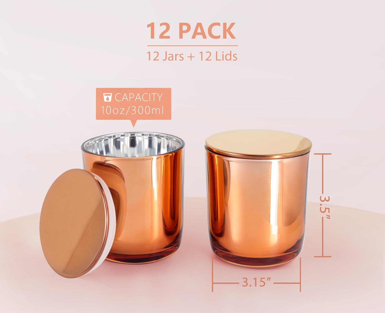 Aroparc 10oz Rose Gold Candle Jars with Metal Lids 12 Pack
