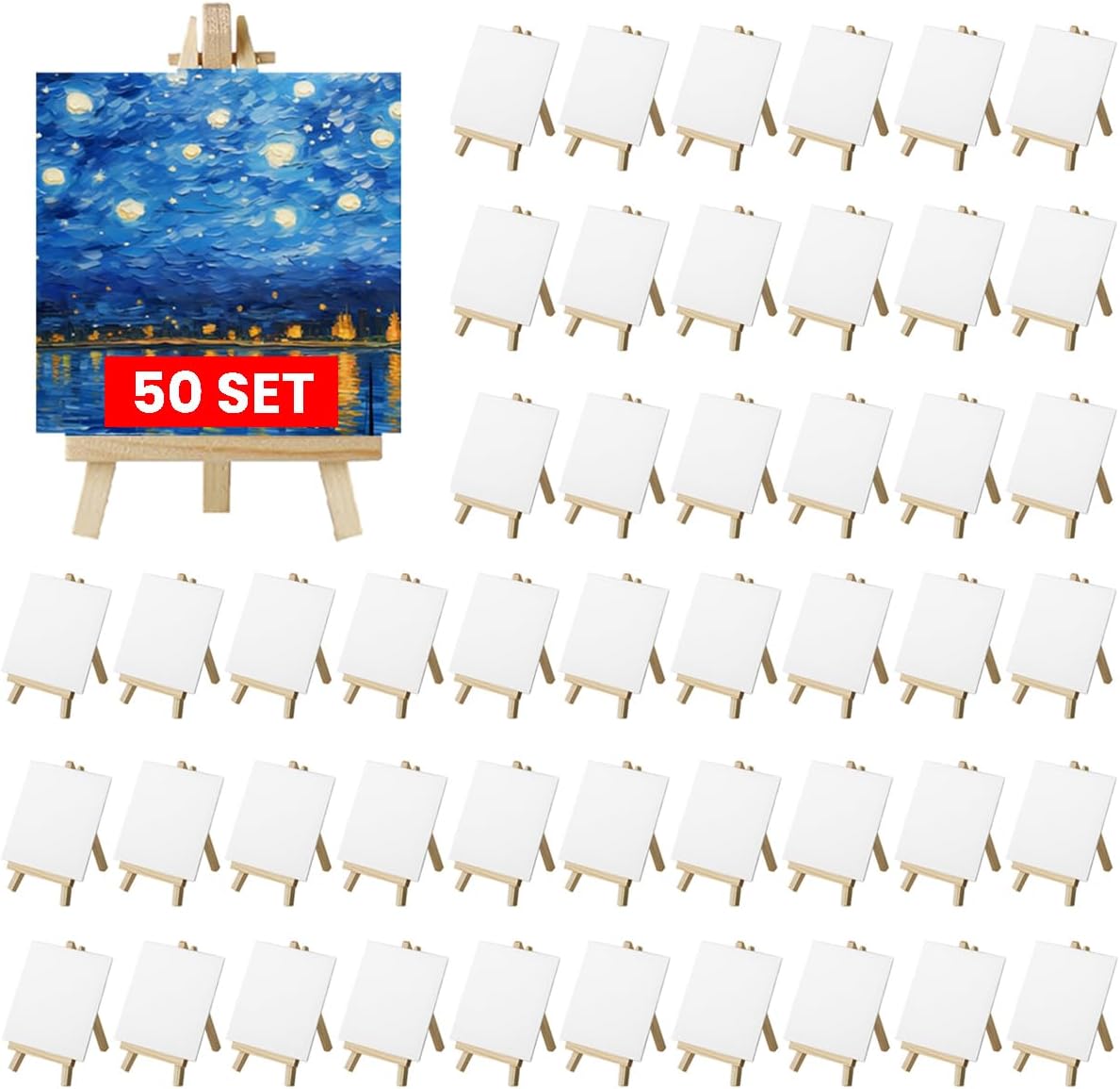 50 Pack Mini Canvas and Easel Set for Kids Classroom Art