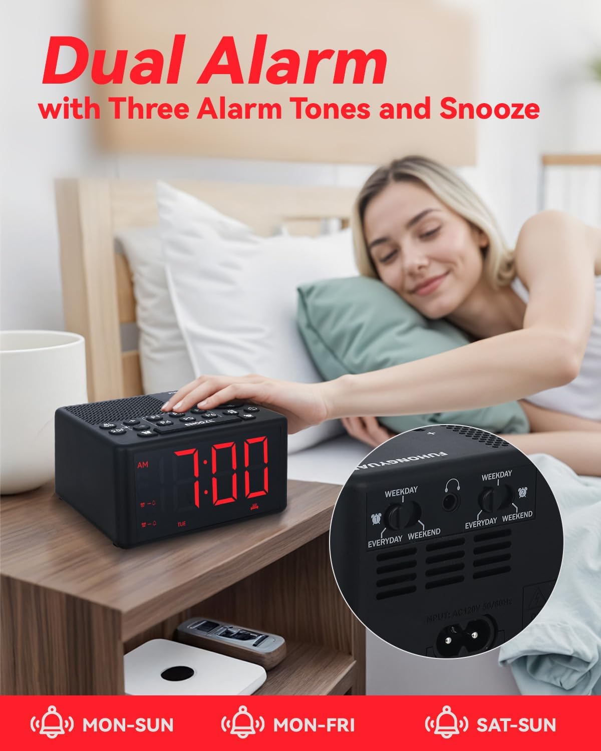 Digital Alarm Clock Radio with AMFM Dual Alarm and Dimmable LED Screen
