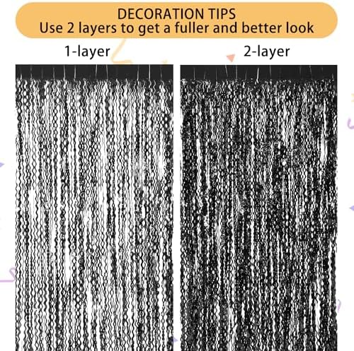 3 Pack Wavy Black Tinsel Curtains for Party Decor
