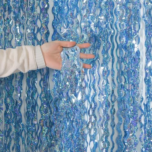 4 Pack Wavy Blue Foil Backdrop Streamers for Parties