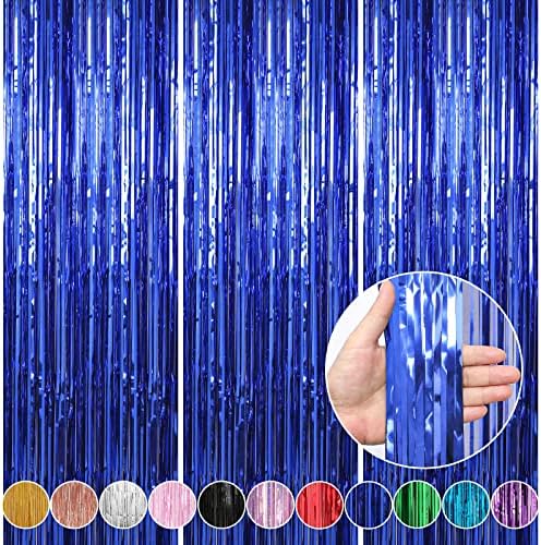 Crosize 3 Pack Foil Fringe Backdrop Curtains 33x99ft Blue
