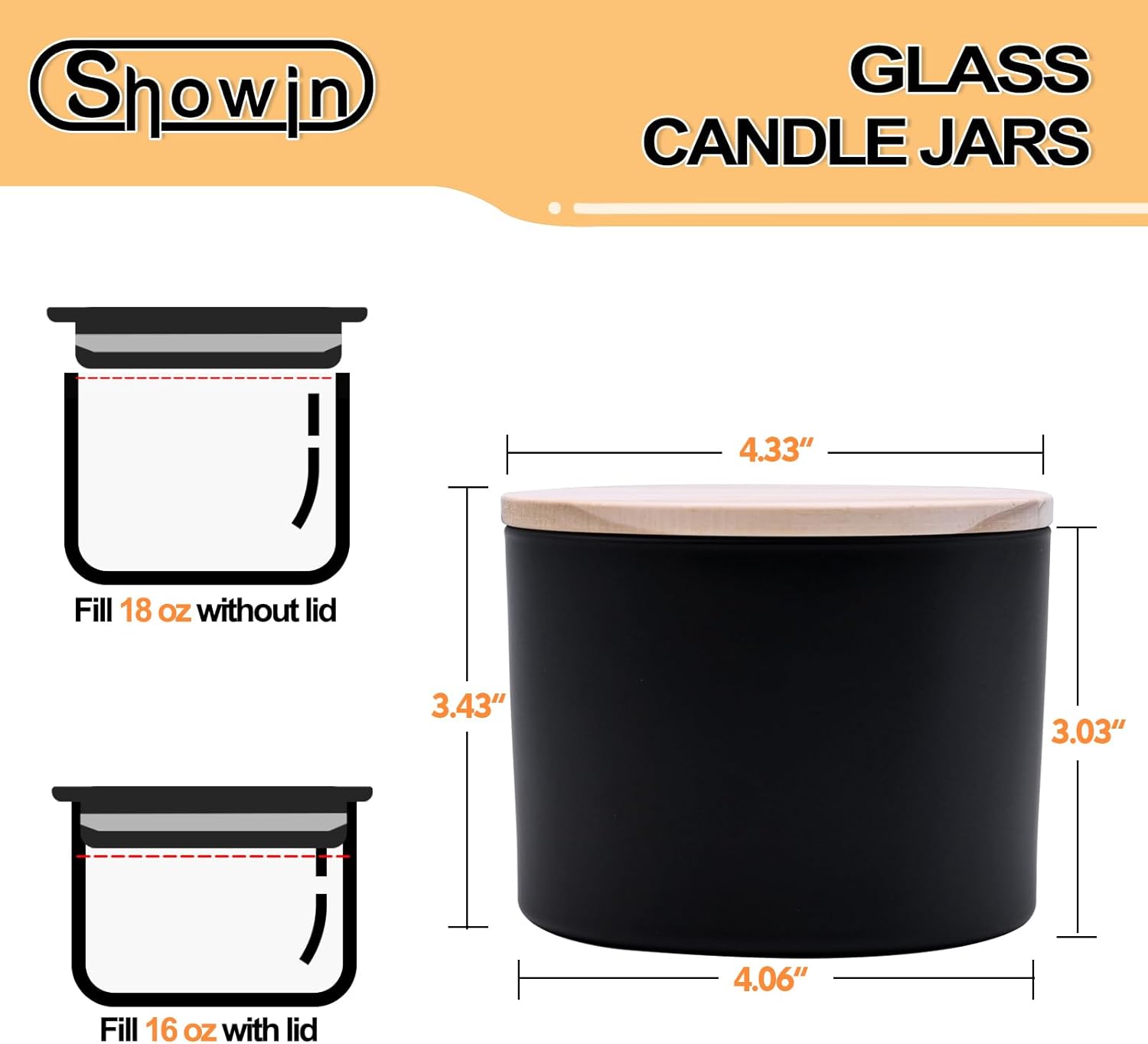 18 OZ Thick Candle Jars 6 Pcs Matte Black with Wood Lids