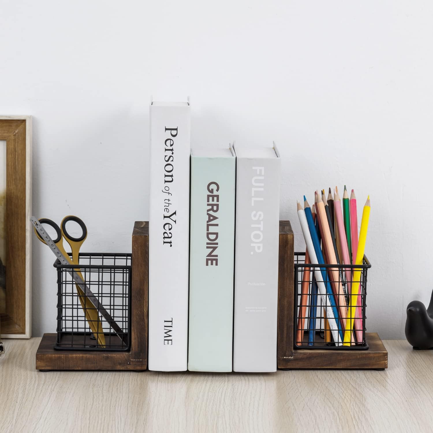 MyGift Rustic Burnt Wood Bookends with Metal Storage Baskets 1-Pair