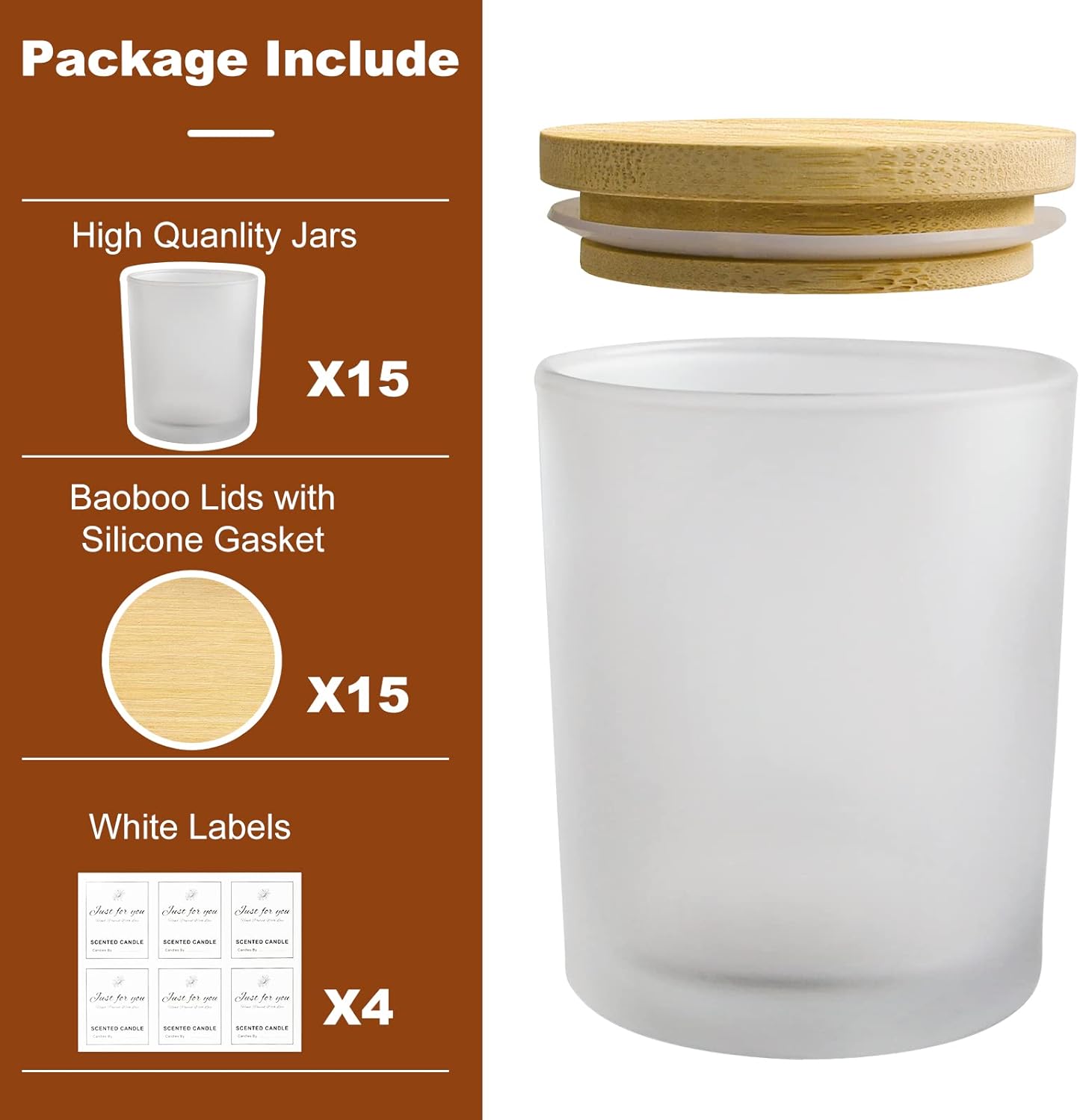 CONNOO 15 Pack Frosted Glass Candle Jars with Bamboo Lids