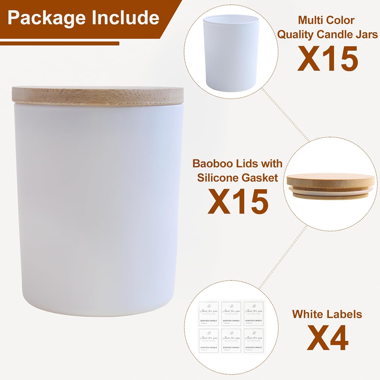 CONNOO 15 Pack Glass Candle Jars with Bamboo Lids for Candle Making